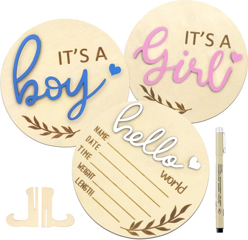 AINBIN Baby Announcement Sign, Gender Reveal for Welcome Baby 3PCS Its a Boy/Girl and Hello World Newborn Sign Board Wooden Birth Name Announcement Plaque and Pen for Hospital Shower Party Photo Props - Image 1